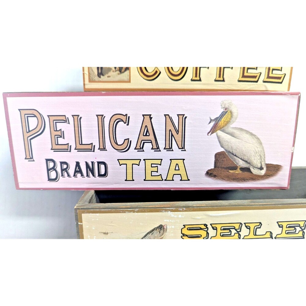 Decorative Wood Boxes 3pc Rectangle Spice Coffee Tea Labels Rustic Storage Gift - Picture 7 of 10